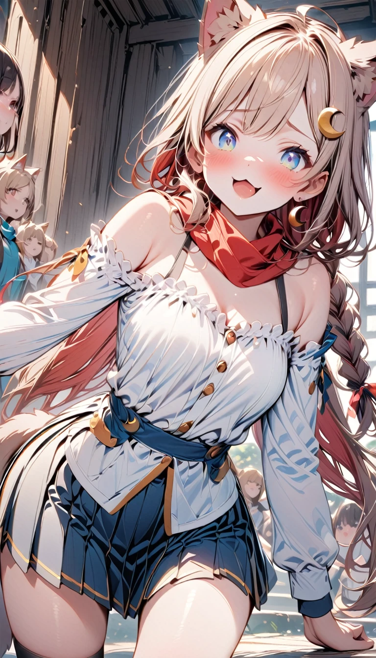 Eyes shine and look up.Stick out your tongue ,Tongue spitTongue spit,(masterpiece: 1.3), (detail), ((, Top quality,)) //, (((1 girl, hairpin, crescent hairpin: 1.4))), Solitary //, (Brown cat ears, Furry cat ears: 1.4), Animal ear hair, (Light brown hair: 1.4), (Red hair: 1.1), (Red inner hair: 1.3), (Straight bangs: 1.4), (Single braid long hair: 1.5) , (Ahog), (blue eyes: 1.3), Clear eyes, cheek, Middle chest, cleveage, Off-shoulder, armpit, //, Big Red Ribbon, Looking at the audience, blush, lol, skirt, shirt, scarf, thigh, Long sleeve, Umbilical cord, Bare shoulders, Jewelry, pleated skirt, scarf, earrings, diaphragm, black thigh knee socks, Virtual YouTuber, miniskirt, Star, Crop Top, Hands on hips, black shirt, ((Lean forward: 1.3)), One knee high, Asymmetrical Leg Clothing,Eyes shine and look up.Stick out your tongue,big breast