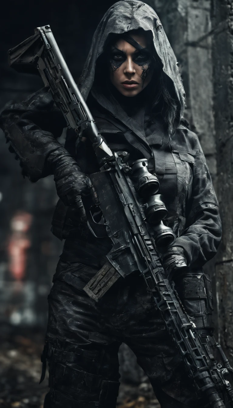 a sniper woman in a apocalyptic dark cyberpunk scene, realistic, ultra-detailed, wearing futuristic camouflage, she is hiding behind destroyed wall and aiming using a huge futuristic sniper rifle with lcd screen connected to rifle scope, aiming at the enemy, full body shot, (best quality,8k,highres,masterpiece:1.2),ultra-detailed,(realistic,photorealistic,photo-realistic:1.37),HDR,UHD,sharp focus,physically-based rendering,extreme detail description,professional,vivid colors,bokeh,concept art, realistic photography, detailed face, detailed eyes, detailed lips,