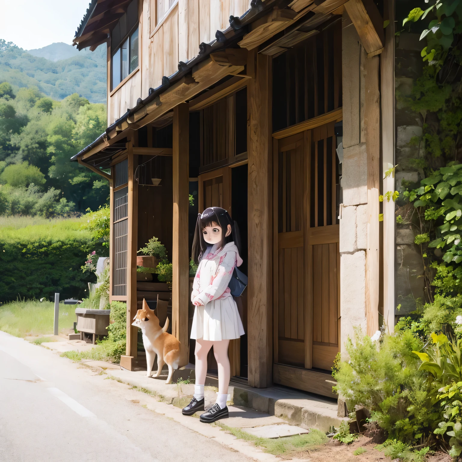 Shiba Inu girl rural scenery