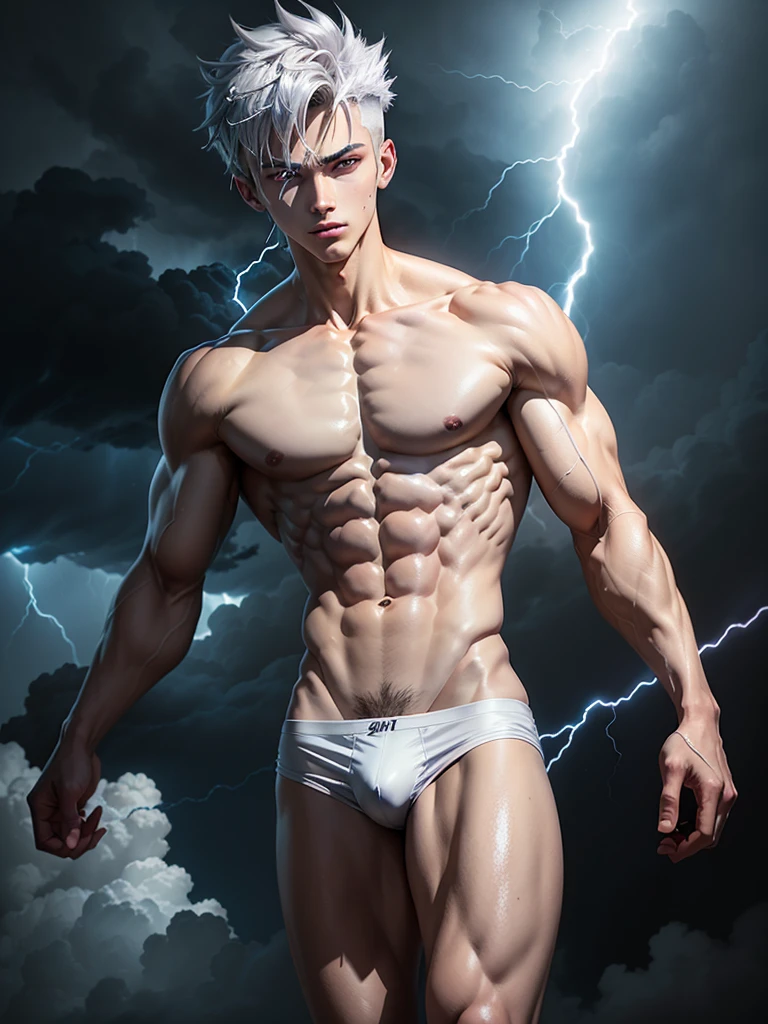 Bishonen anime slim cut body, hot man, 21 years old, luminous grey iris with weather manipulation powers, shirtless, tight fitted white brief,  white socks and silver toe ring, flying 50 feet above the ground in a stormy sky, with lightning bolts in his hands. he creates a hurricane with his powers in the background, dark clouds and lightning fill the sky