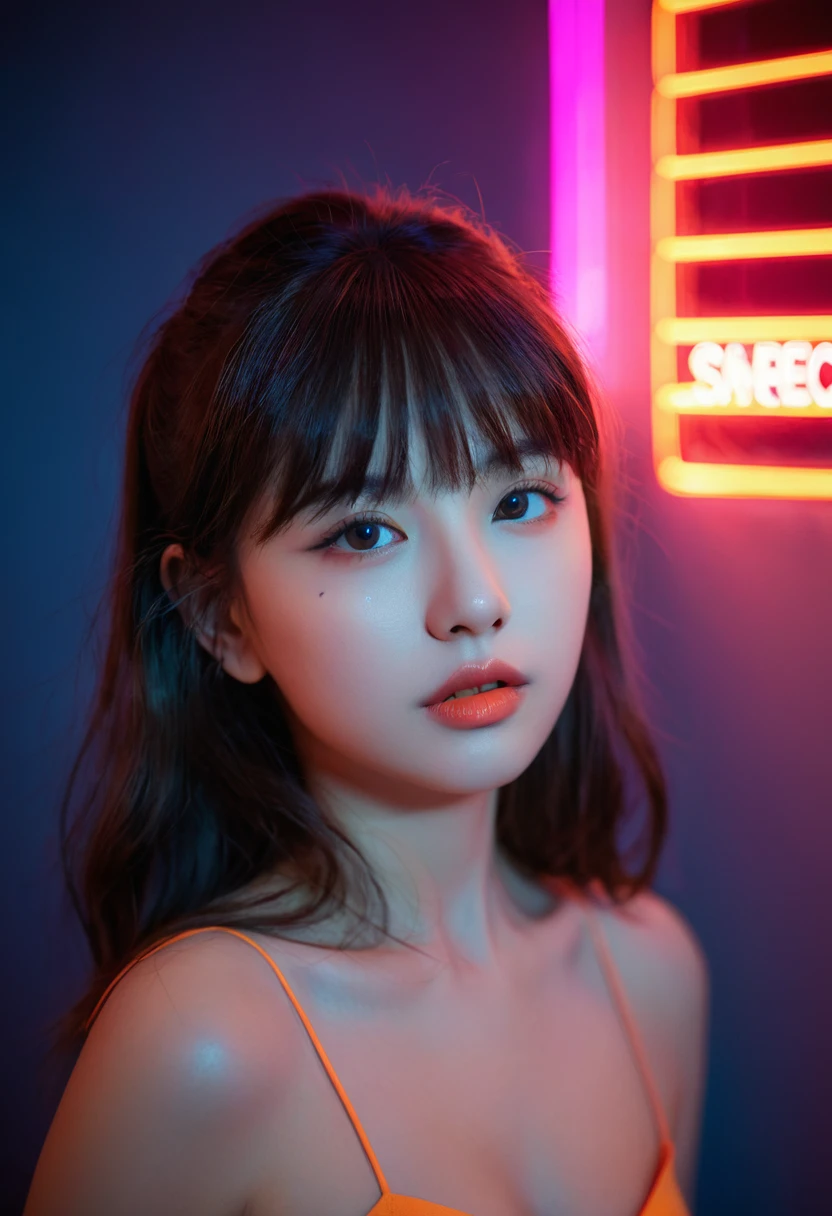 8K, best quality, 1 girl, (Skin Indentation), night, (dark), Indoor clear background, (people), Beautiful bangs, Gorgeous,, (Clothing and:1.3),Soft lighting, attractive, dark Room, (mouth close:1.2, beautiful eyes, Exquisite eyes, Detailed iris, Beautiful lips, Beautiful nose, Pretty Face),(primary color:1.5),(Ambient Light:1.5),(Neon lights:1.8),(Radioluminescence:1.3)