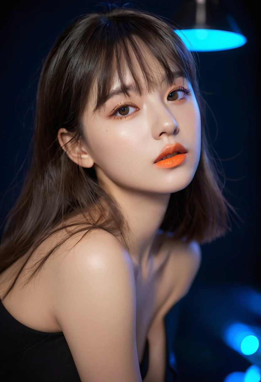 8K, best quality, 1 girl, (Skin Indentation), night, (dark), Indoor clear background, (people), Beautiful bangs, Gorgeous,, (Clothing and:1.3),Soft lighting, attractive, dark Room, (mouth close:1.2, beautiful eyes, Exquisite eyes, Detailed iris, Beautiful lips, Beautiful nose, Pretty Face),(primary color:1.5),(Ambient Light:1.5),(Neon lights:1.8),(Radioluminescence:1.3)