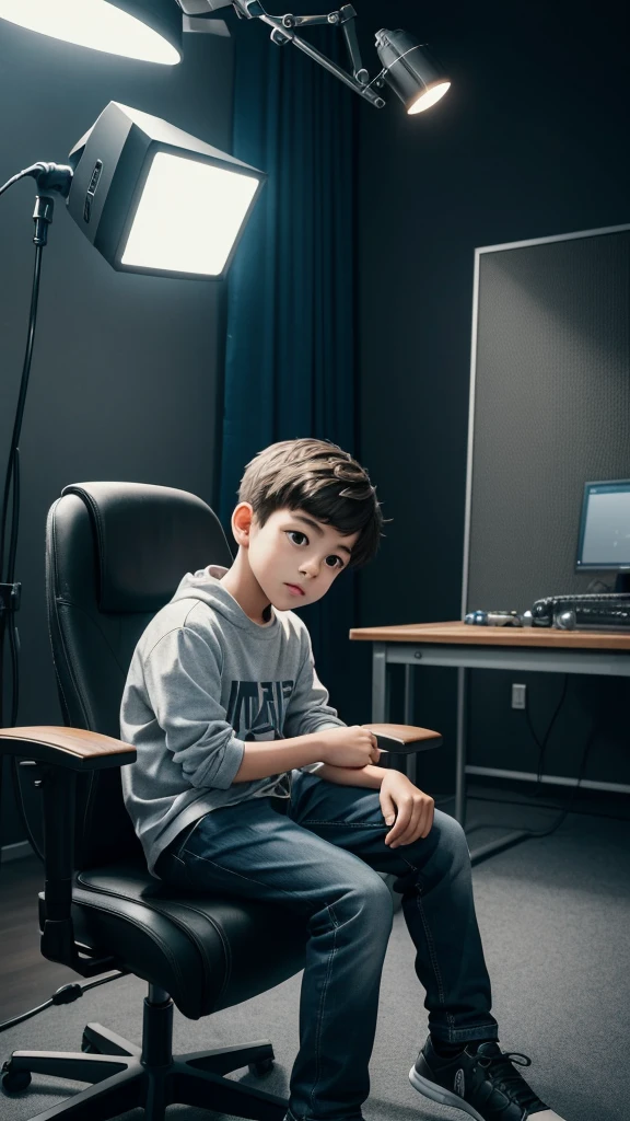 A young boy is sitting comfortably in a modern studio, facing slightly to the left. He is casually dressed in a smart-casualThe studio is well-lit with soft, ambient lighting, and soundproof panels on the walls. A professional microphone on a stand is positioned close to him, indicating he is about to speak The background includes some studio equipment