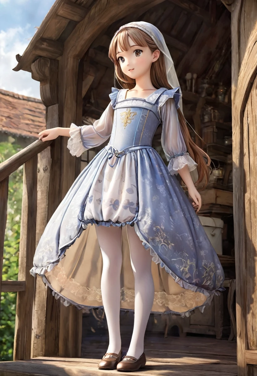 10 year old girl underwear, Realistic panties made from patterned cotton fabric, Medieval one-piece dress with panniers, Fabric Realism, Low - Angle, You can see the drawer, Pull up the dress by hand, Strong winds, Translucent slip, Translucent slip, tights, Highest quality, Crotch close-up, whole body
