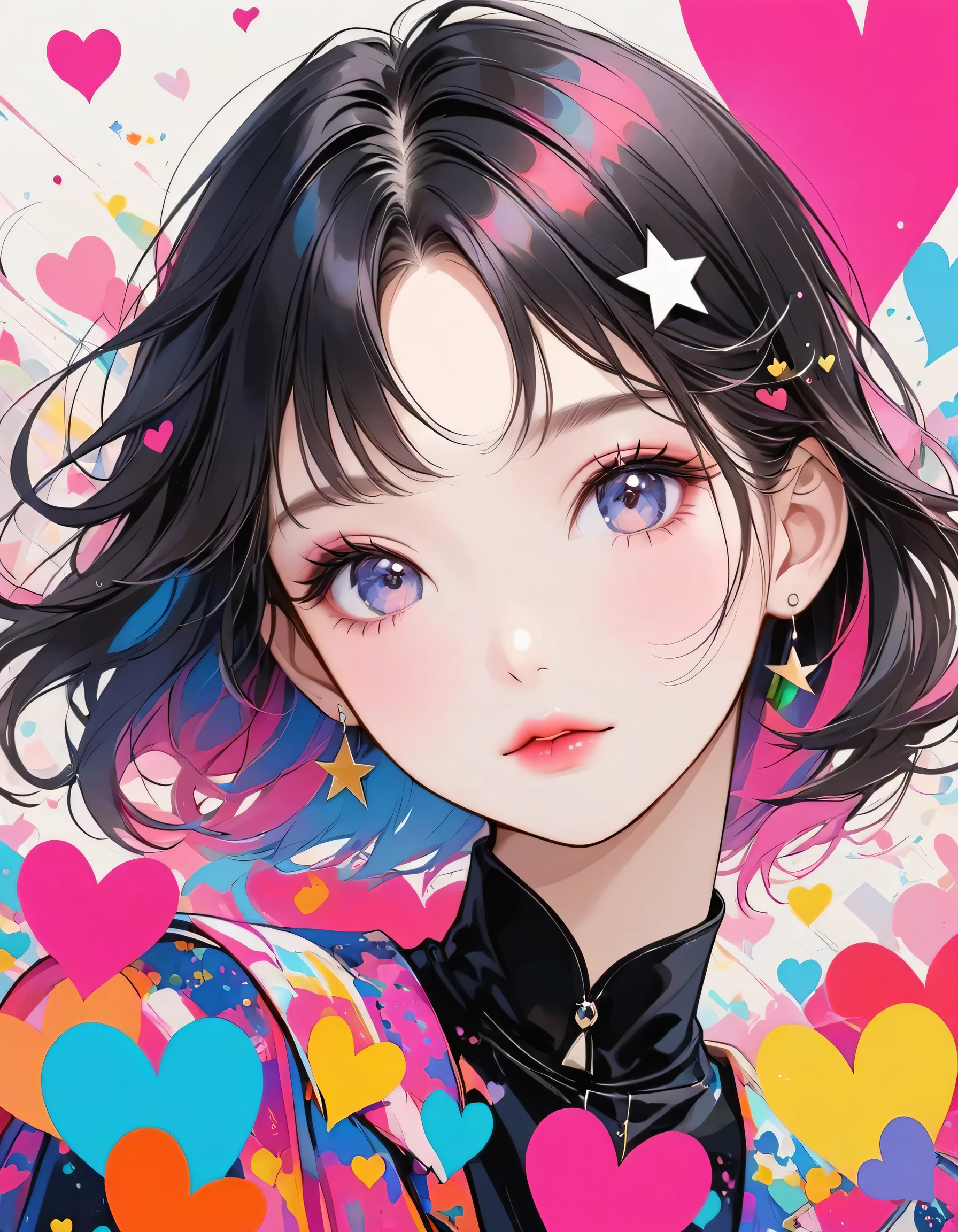 Black Star Pink and White style, Simple Line Initialism,Abstract art,Urban Background, (((The most beautiful girl of all time))), Sweet face. Lips in love, colorful hearts, stylish design