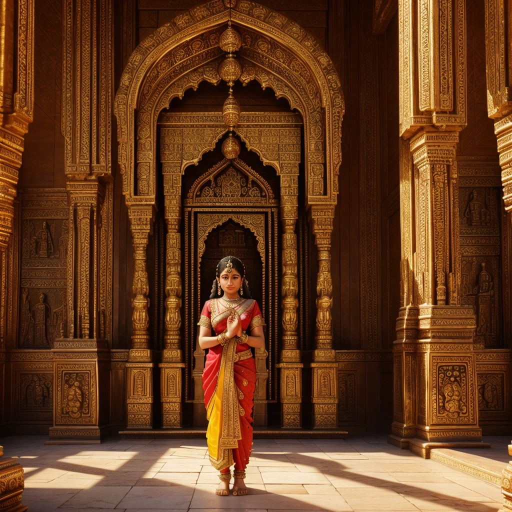 a grand temple with intricate architecture, ornate columns, and detailed carvings, a large stone statue of Hanuman standing tall, light beams shining through stained glass windows, a group of people in traditional Indian clothing praying and worshipping, an atmosphere of spirituality and reverence, (best quality,8k,hyperrealistic,masterpiece:1.2),cinematic lighting,photorealistic,highly detailed,volumetric lighting,dramatic shadows,sacred architecture,ornate details,intricate carvings,worshipping devotees,traditional Indian attire
