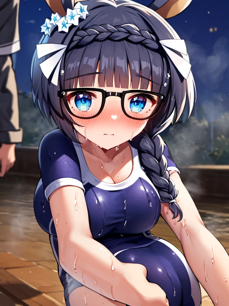 masterpiece, best quality, high quality, detailed, exquisite, (((zenno rob roy,))) (((umamusume,))) (single braid,) blunt cut, medium hair, braid, silver hair, blue eyes, droopy eyes, pale skin, tiny, , glasses, cute face, huge breasts, disproportionate breasts, blush, embarrassed, wet skin, shiny skin, sweat, steam, humid, night, ((school swimsuit,)) (((wet,))) ass focus, bouncing breasts,