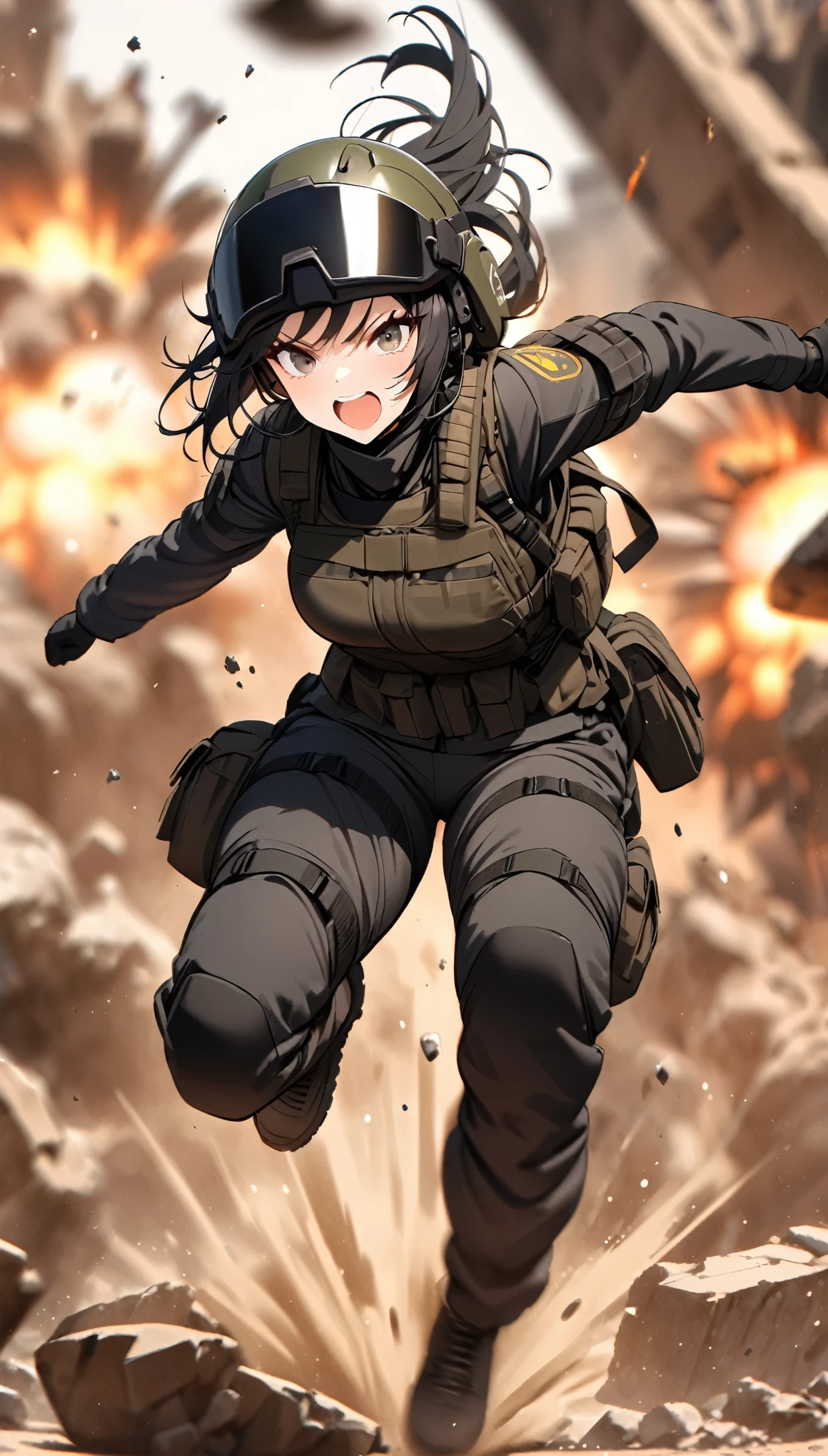 (masterpiece),(Highest quality),(High resolution),(Very detailed),One Woman,Japanese,Black Hair,Short Bob,Beautiful Eyes,Long eyelashes,Beautiful Hair,Beautiful Skin,strict,whole body,break(((Explosion behind woman))),Jump to escape the explosion,(Dynamic Movement),((Small machine gun)),SWAT Uniforms,Black bulletproof vest, Combat Boots,Black Tactical Forster,Tactical Headset,Tactical Helmet,(The background is the rubble of ruins),(((Background Blur)))