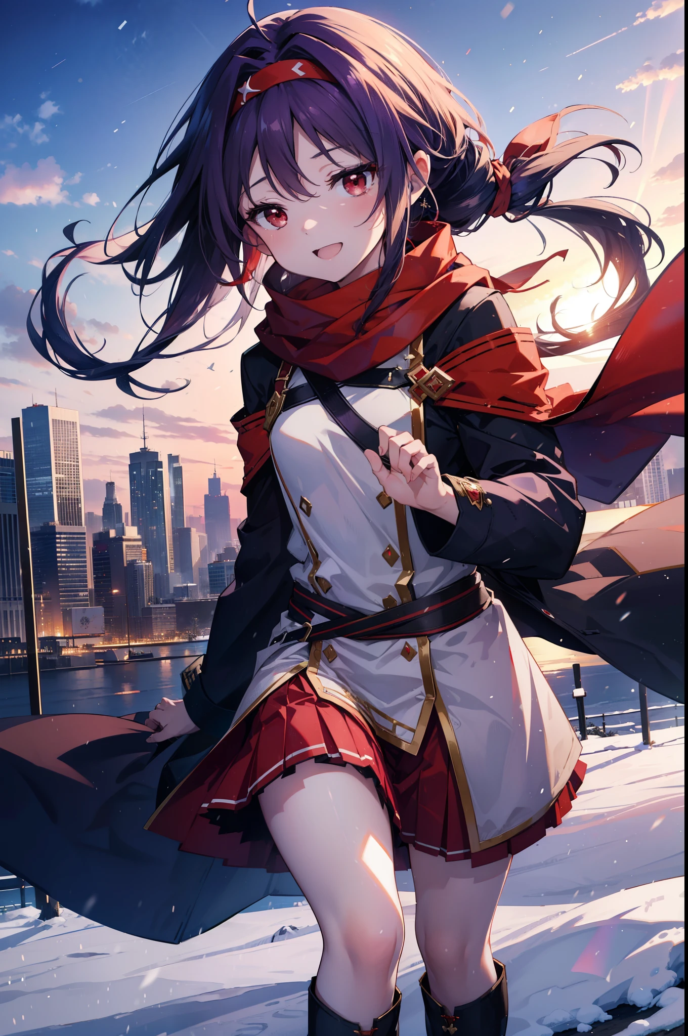 yuukikonno, Konno Yuuki, Long Hair, Pointed Ears, Purple Hair, (Red eyes:1.5), (Small breasts:1.2), Open your mouth,happy smile, smile, Open your mouth,hair band,low ponytail,Red Scarf,Purple long coat,sweater,Long skirt,short boots,snowが降っている,snowが降り積もっている,snow,snow,snow,snow,winter,Cold night,Walking,whole bodyがイラストに入るように,Looking down from above,
break looking at viewer,  whole body,
break outdoors, In town,
break (masterpiece:1.2), Highest quality, High resolution, unity 8k wallpaper, (figure:0.8), (Beautiful attention to detail:1.6), Highly detailed face, Perfect lighting, Highly detailed CG, (Perfect hands, Perfect Anatomy),