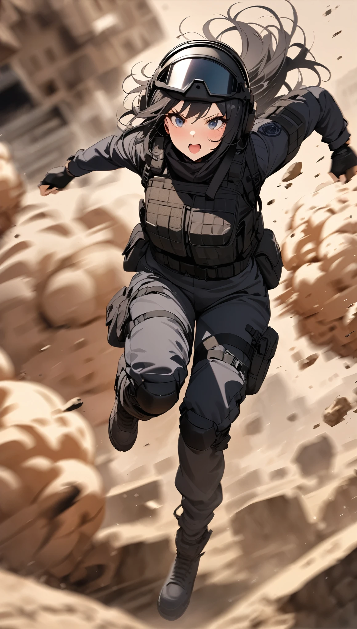 (masterpiece),(Highest quality),(High resolution),(Very detailed),One Woman,Japanese,Black Hair,Short Bob,Beautiful Eyes,Long eyelashes,Beautiful Hair,Beautiful Skin,strict,whole body,break(((Explosion behind woman))),Jump to escape the explosion,(Dynamic Movement),((Small machine gun)),SWAT Uniforms,Black bulletproof vest, Combat Boots,Black Tactical Forster,Tactical Headset,Tactical Helmet,(The background is the rubble of ruins),(((Background Blur)))