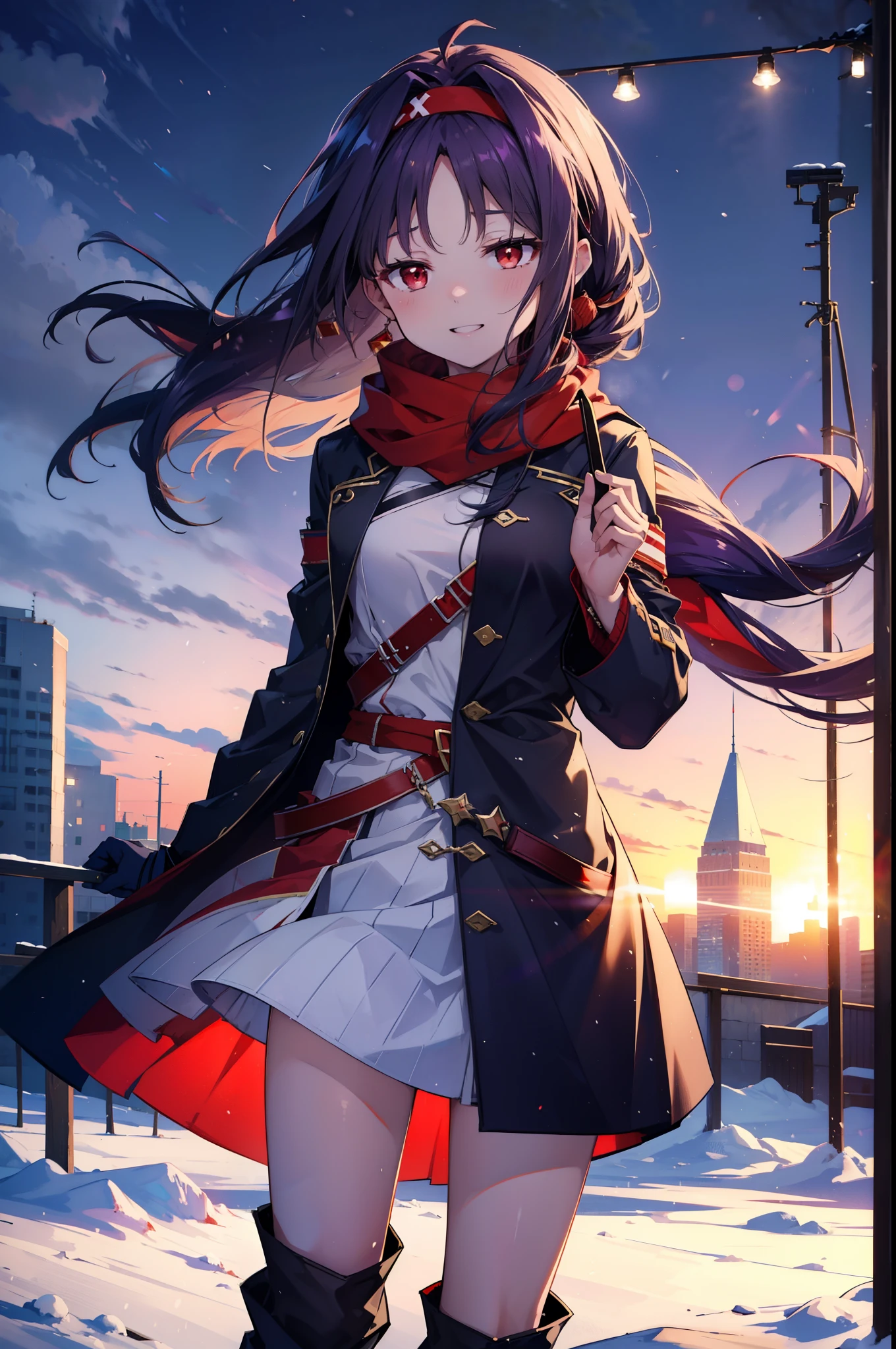 yuukikonno, Konno Yuuki, Long Hair, Pointed Ears, Purple Hair, (Red eyes:1.5), (Small breasts:1.2), Open your mouth,happy smile, smile, Open your mouth,hair band,low ponytail,Red Scarf,Purple long coat,sweater,Long skirt,short boots,snowが降っている,snowが降り積もっている,snow,snow,snow,snow,winter,Cold night,Walking,whole bodyがイラストに入るように,Looking down from above,
break looking at viewer,  whole body,
break outdoors, In town,
break (masterpiece:1.2), Highest quality, High resolution, unity 8k wallpaper, (figure:0.8), (Beautiful attention to detail:1.6), Highly detailed face, Perfect lighting, Highly detailed CG, (Perfect hands, Perfect Anatomy),