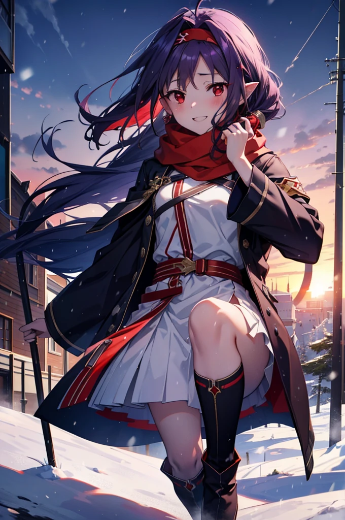 yuukikonno, Konno Yuuki, Long Hair, Pointed Ears, Purple Hair, (Red eyes:1.5), (Small breasts:1.2), Open your mouth,happy smile, smile, Open your mouth,hair band,low ponytail,Red Scarf,Purple long coat,sweater,Long skirt,short boots,snowが降っている,snowが降り積もっている,snow,snow,snow,snow,winter,Cold night,Walking,whole bodyがイラストに入るように,Looking down from above,
break looking at viewer, whole body,
break outdoors, In town,
break (masterpiece:1.2), Highest quality, High resolution, unity 8k wallpaper, (figure:0.8), (Beautiful attention to detail:1.6), Highly detailed face, Perfect lighting, Highly detailed CG, (Perfect hands, Perfect Anatomy),