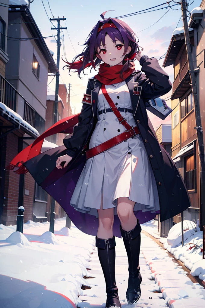 yuukikonno, Konno Yuuki, Long Hair, Pointed Ears, Purple Hair, (Red eyes:1.5), (Small breasts:1.2), Open your mouth,happy smile, smile, Open your mouth,hair band,low ponytail,Red Scarf,Purple long coat,sweater,Long skirt,short boots,snowが降っている,snowが降り積もっている,snow,snow,snow,snow,winter,Cold night,Walking,whole bodyがイラストに入るように,Looking down from above,
break looking at viewer, whole body,
break outdoors, In town,
break (masterpiece:1.2), Highest quality, High resolution, unity 8k wallpaper, (figure:0.8), (Beautiful attention to detail:1.6), Highly detailed face, Perfect lighting, Highly detailed CG, (Perfect hands, Perfect Anatomy),
