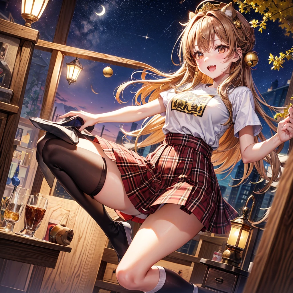 Brown and gold hair、Red gold eyes、Hair tied up、One good looking girl、solo、anime、Checkered mini skirt、T-Shirts、Black knee-high socks、Teeth are visible、Starry Sky、Midnight Moon、Confetti、A large cherry tree growing on the top of a rocky mountain、Home々、Light is flowing、Wearing a bell