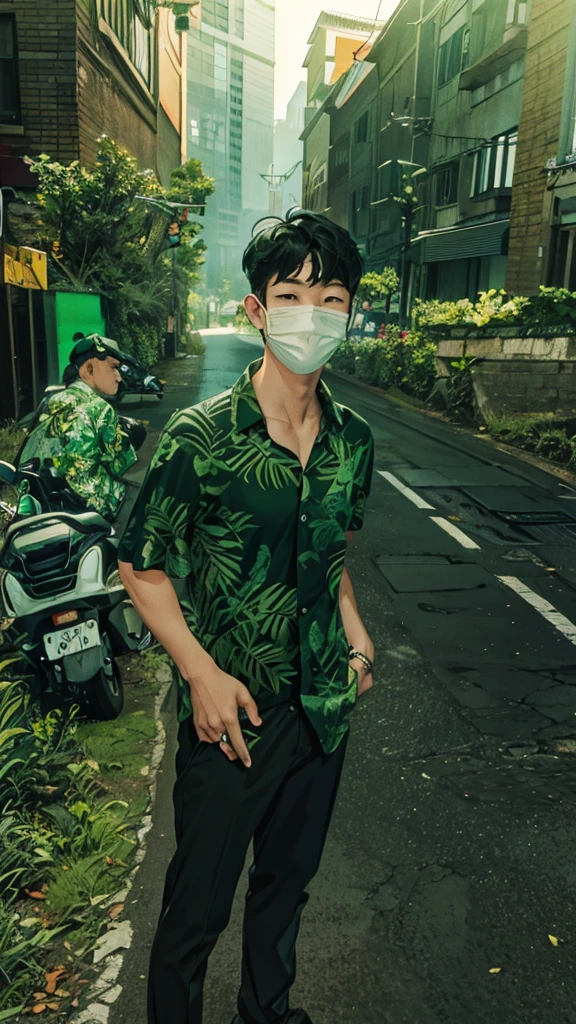 a man in a green shirt and black pants standing on a sidewalk, green and black, black and green, green and black colors, green shirt, wearing green, wearing green clothing, with teal clothes, casual green clothing, in a dark green polo shirt, in a dark teal polo shirt, green and black color scheme, green clothes, dark green tones