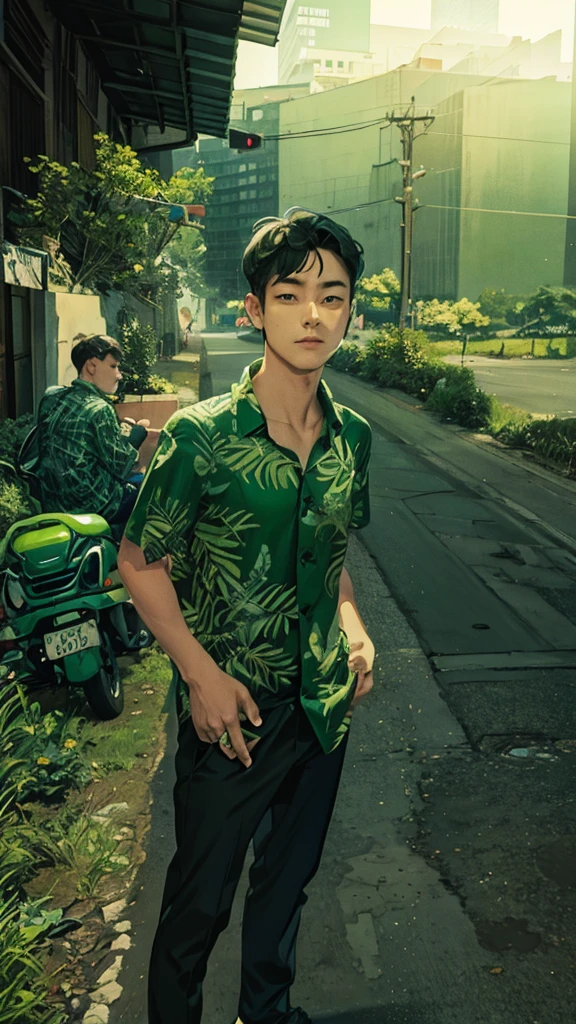 a man in a green shirt and black pants standing on a sidewalk, green and black, black and green, green and black colors, green shirt, wearing green, wearing green clothing, with teal clothes, casual green clothing, in a dark green polo shirt, in a dark teal polo shirt, green and black color scheme, green clothes, dark green tones