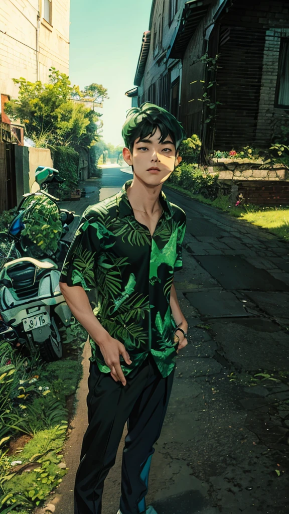 a man in a green shirt and black pants standing on a sidewalk, green and black, black and green, green and black colors, green shirt, wearing green, wearing green clothing, with teal clothes, casual green clothing, in a dark green polo shirt, in a dark teal polo shirt, green and black color scheme, green clothes, dark green tones