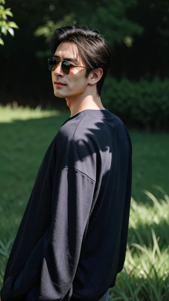 Looking back、黒いレイバンWear sunglasses、smile、Raise your hand、Highest quality, table, 51 year old Japanese actor、Japanesee man,high resolution, (realistic:1.5), raw photos, deep shadow, low voice, cool light, man face, 1 man, 1man, man, Sharp jaw, lip news, realistic, ไหล่man, Broad shoulders, Mohawk cutting grass, Mohawk undercut, Mohawk cutting grassのアンダーカットヘア, เสื้อเชิ๊ตman, An arrogant face, Serious expression, cold face,Half-body picture, colorful flower bed background, Sharp eyes, white skin, brown eyes, Looks like a 51-year-old man, realistic,Turn your back on him.。Wear sunglasses
