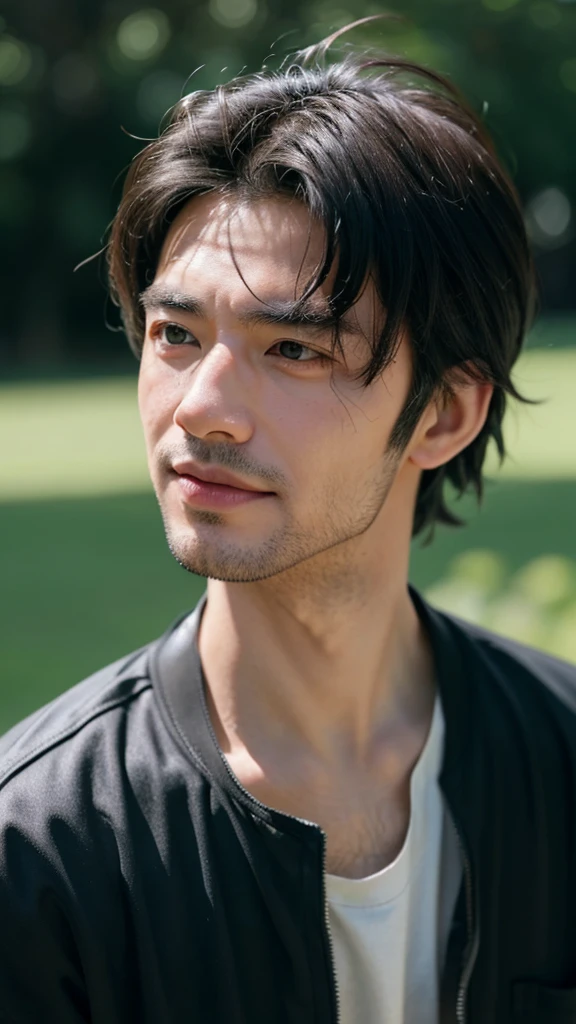 Looking back、黒いレイバンWear sunglasses、smile、Raise your hand、Highest quality, table, 51 year old Japanese actor、Japanesee man,high resolution, (realistic:1.5), raw photos, deep shadow, low voice, cool light, man face, 1 man, 1man, man, Sharp jaw, lip news, realistic, ไหล่man, Broad shoulders, Mohawk cutting grass, Mohawk undercut, Mohawk cutting grassのアンダーカットヘア, เสื้อเชิ๊ตman, An arrogant face, Serious expression, cold face,Half-body picture, colorful flower bed background, Sharp eyes, white skin, brown eyes, Looks like a 51-year-old man, realistic,Turn your back on him.。Wear sunglasses