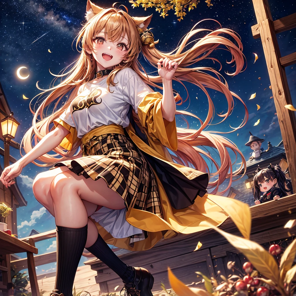 Brown and gold hair、Red gold eyes、Hair tied up、One good looking girl、solo、anime、Checkered mini skirt、T-Shirts、Black knee-high socks、Teeth are visible、Starry Sky、Midnight Moon、Confetti、A large cherry tree growing on the top of a rocky mountain、Home々、Light is flowing、Wearing a bell