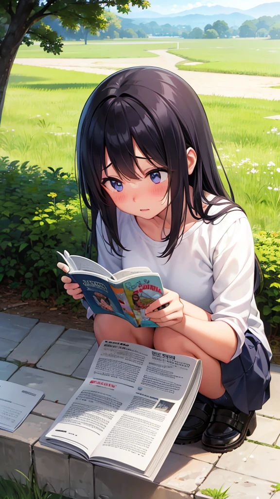 (masterpiece:1.2, best quality), (highly detailed:1.3), 1girl, 17yo, (white panties), upskirt, school uniform, socks, sneakers, reading book, sitting under the tree, summer