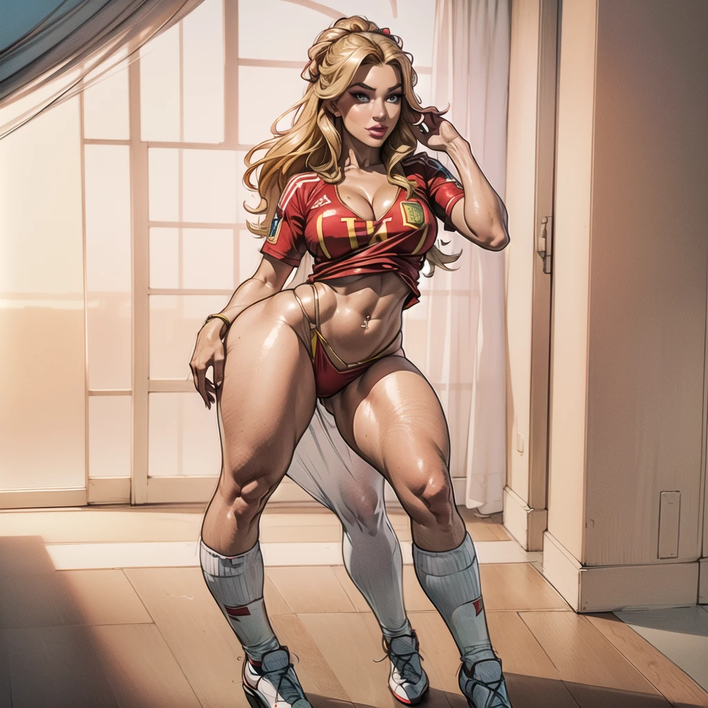 (((((sexy))))), ((ultrahigh resolution, great quality)), (((8k, photo and raw, best quality, masterpiece, hyperrealistic))), incredible, extremely detailed, sharp focus, real person, only one girl, ((1 very girl attractive and beautiful)), Detailed face, ((twenty one years)), ((model body, sexy body, slim body)), (((((Abigail Ratchford dressed with the shirt of the Spanish soccer team, the Spanish soccer shirt, cheering from the stands of the Berlin soccer stadium, very sexy Spain shirt, red soccer shirt of the Spanish team, very little makeup, playboy photo style, captivating and tempting, posing smiling, Abigail Ratchford, Realistic, sensual look, sexy, Instagram model, Sensual, sexy smile, sensual posing, natural pose, happy and sexy expression, goddess, perfect physical proportions))))), ((beautiful smile, sexy smile)), ((perfect mouth)), ((perfect legs)), navel piercing, (Beautiful face), sinuous look, sexy look, half smile, stitching, smooth skin, ((detailed skin)), cinematic lighting, (((perfect detailed and pretty eyes))), ((Highly detailed body, perfect body measurements)), ((detailed and tempting lips)), ((marking body clothes, Marked breasts, Generous cleavage)), 1 navel, rosy cheeks, ((Juicy and sexy lips, perfect lips)), naughty smile, wild and sexy hair, Full body view, ((masterpiece)), (((best quality))), (((ultra high))), (((hyperrealistic))), (((photorealistic))), Highly detailed CG unit 8k wallpaper, shot style, complex, High detail, Dramatic, Highest Quality Movie Still Image, Masterpiece, Best Quality, Realistic Ultra Detailed Rendering Style, ((Natural Light)), Crisp Characte, DSLR, Fujifilm XT3, intricate details, natural photography, (sketch effect)