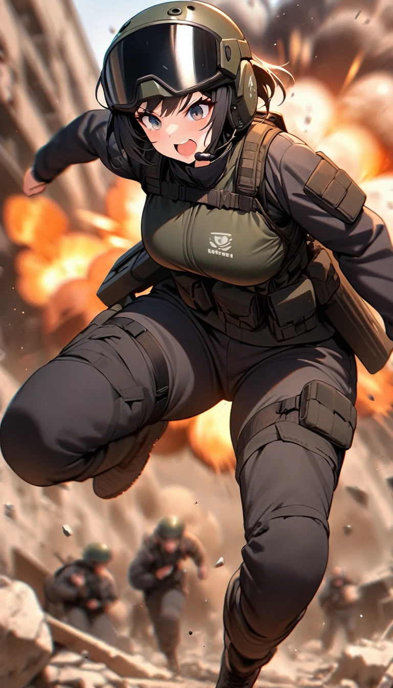 (masterpiece),(Highest quality),(High resolution),(Very detailed),One Woman,Japanese,Black Hair,Short Bob,Beautiful Eyes,Long eyelashes,Beautiful Hair,Beautiful Skin,strict,whole body,break(((Huge explosion behind woman))),Jump to escape the explosion,(Dynamic Movement),((Small machine gun)),SWAT Uniforms,Black bulletproof vest, Combat Boots,Black Tactical Forster,Tactical Headset,Tactical Helmet,(The background is the rubble of ruins),(((Background Blur)))