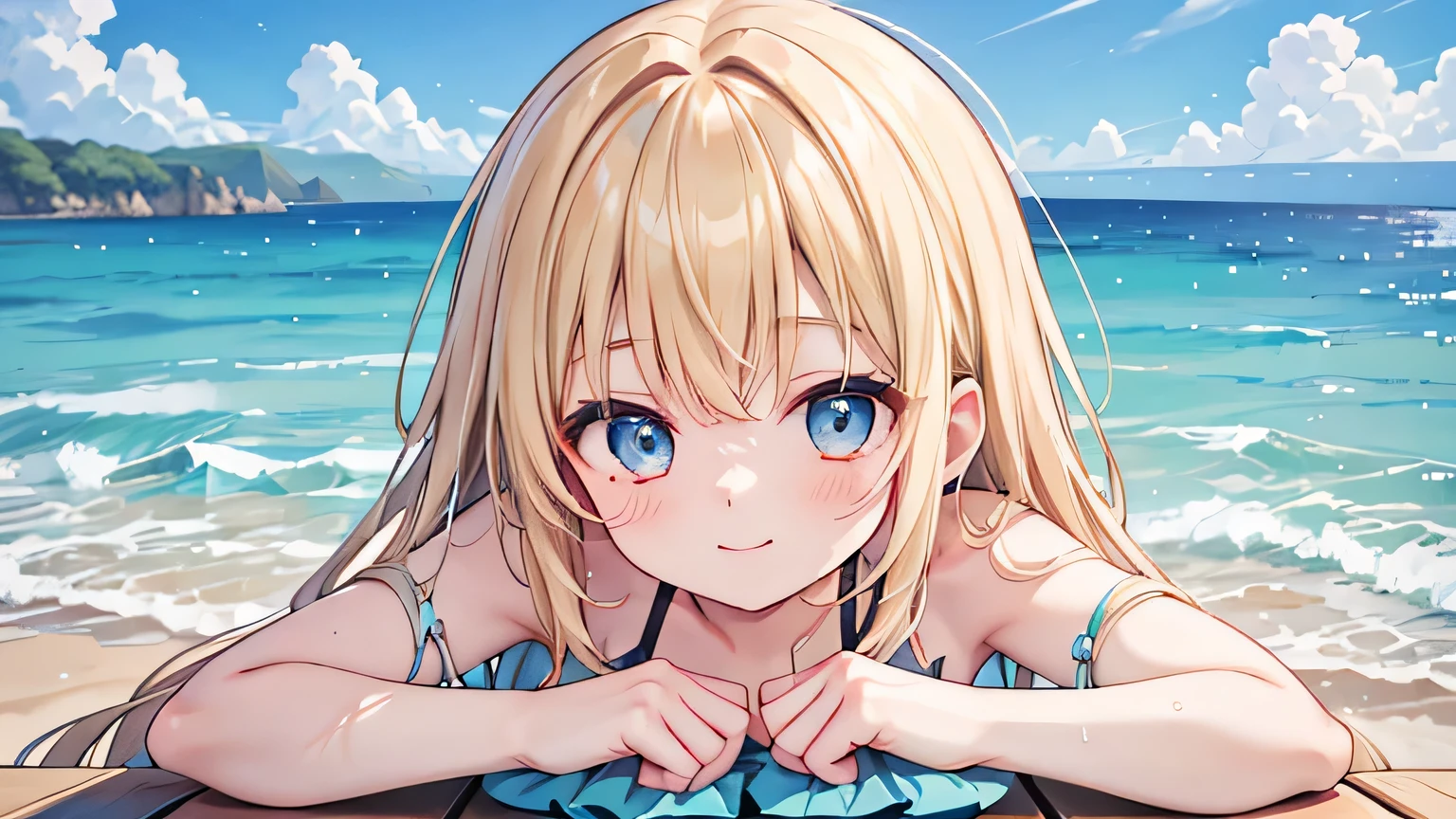 20-year-old women、Swimwear、Ocean、Oceanの水をかけている、playing、smile、Blonde