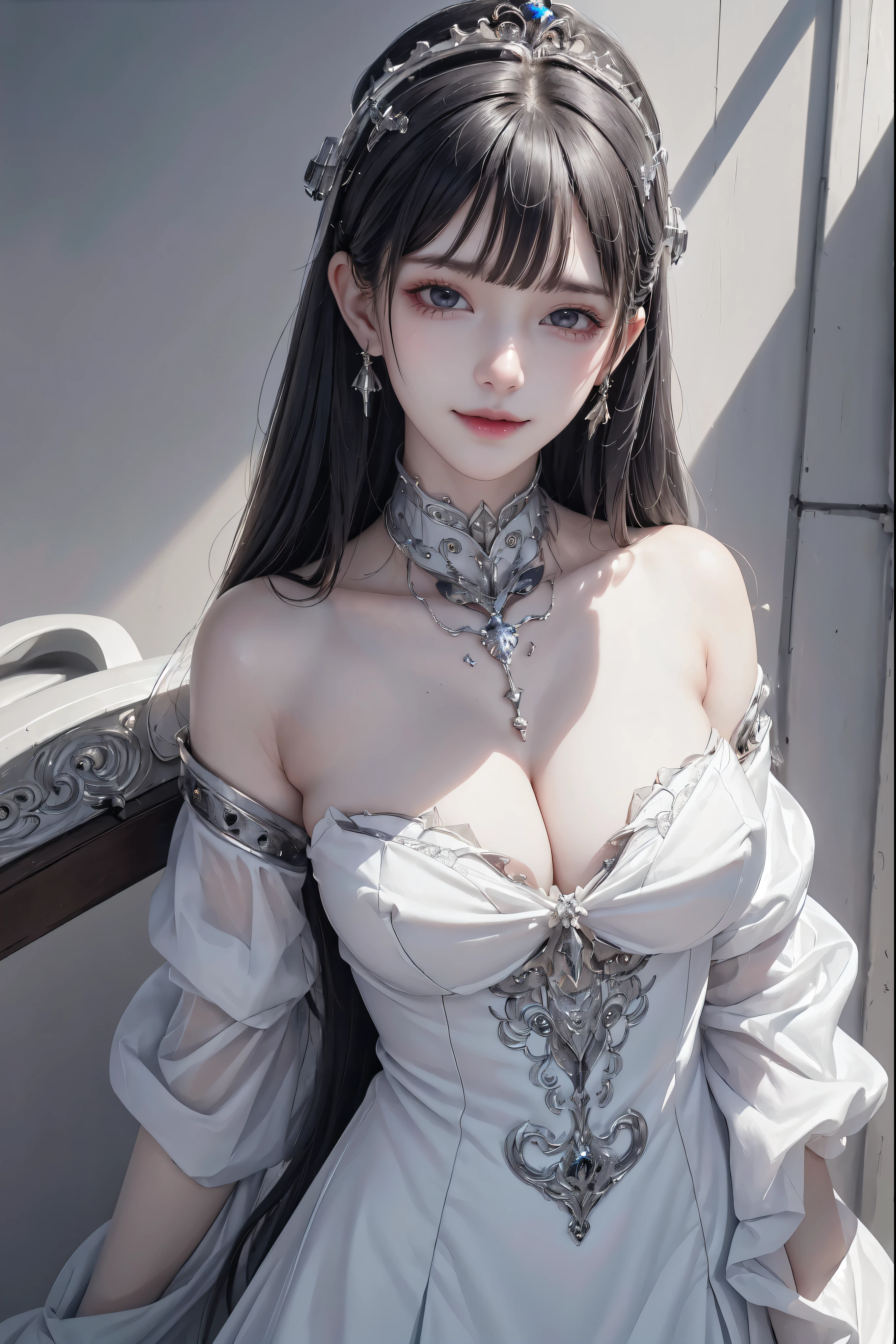 NSFW,((top quality、8k、masterpiece:1.3))Wears a silver-white mech，girl with delicate face，Highest image quality，Ultra-clear，Delicate and clear facial features，end of the world，Mechanical arm，Exquisitely detailed mechanical pattern,cyberpunk characters、numbercity、number、century、throne、