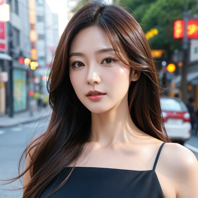 Japanese 40-year-old women,Smooth, shiny and bouncy hair,Semi-long to the shoulders,Hair color is brown,The person is slightly to the left,A close-up of the face above the neck,The background is the street outside,Face is front
