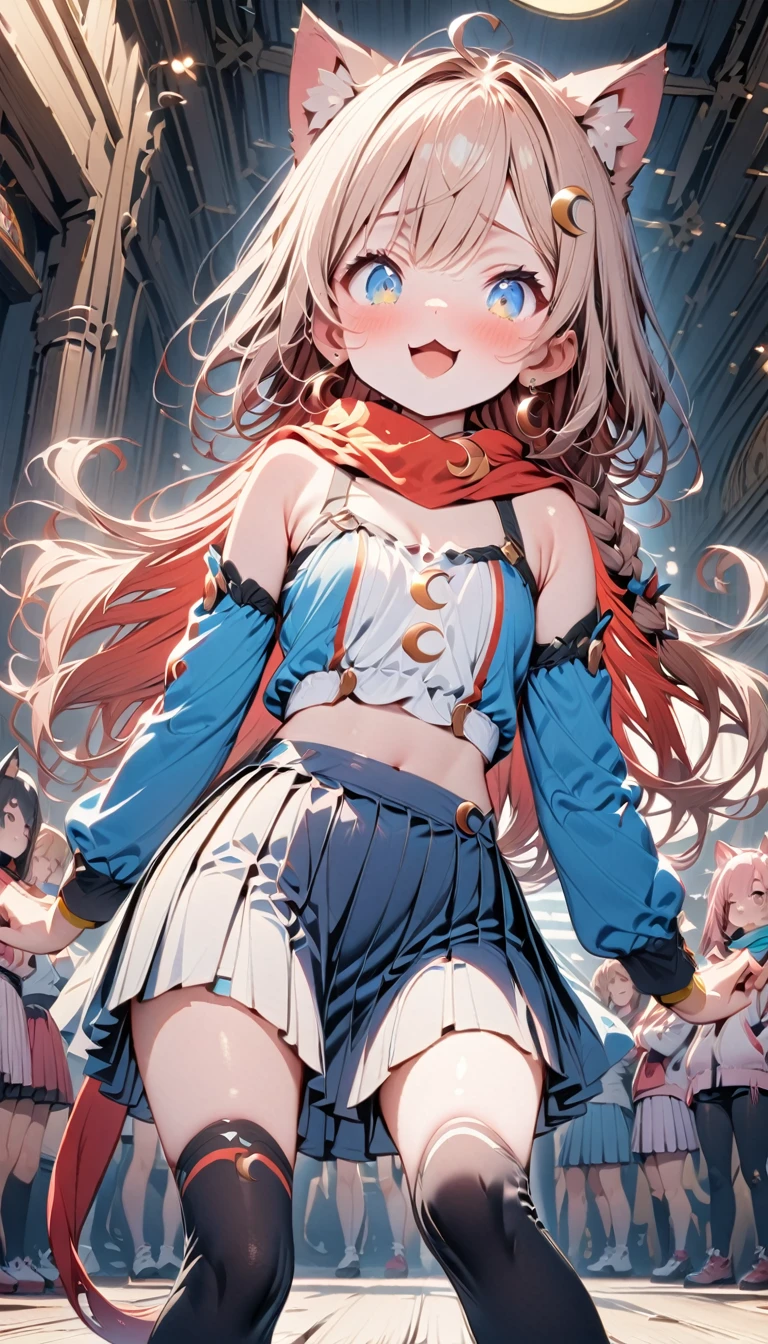Eyes shine and look up.Stick out your tongue ,Tongue spitTongue spit,(masterpiece: 1.3), (detail), ((, Top quality,)) //, (((1 girl, hairpin, crescent hairpin: 1.4))), Solitary //, (Brown cat ears, Furry cat ears: 1.4), Animal ear hair, (Light brown hair: 1.4), (Red hair: 1.1), (Red inner hair: 1.3), (Straight bangs: 1.4), (Single braid long hair: 1.5) , (Ahog), (blue eyes: 1.3), Clear eyes, cheek, Middle chest, cleveage, Off-shoulder, armpit, //, Big Red Ribbon, Looking at the audience, blush, lol, skirt, shirt, scarf, thigh, Long sleeve, Umbilical cord, Bare shoulders, Jewelry, pleated skirt, scarf, earrings, diaphragm, black thigh knee socks, Virtual YouTuber, miniskirt, Star, Crop Top, Hands on hips, black shirt, ((Lean forward: 1.3)), One knee high, Asymmetrical Leg Clothing,Eyes shine and look up.Stick out your tongue,big breast