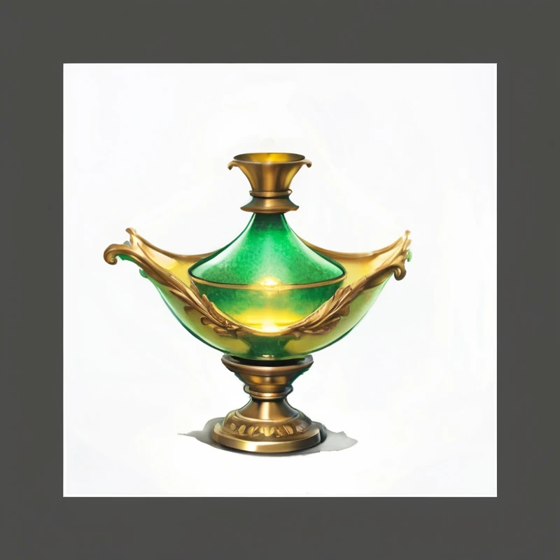 There is a green and gold lamp,There's green flames inside, Concept Art Magic Highlights, painting of one health Potions, Fantasy game spell symbols, Potions of healing, alchemy concept, object concept art, Magic Items, holy fire spell art, Game assets, Stylized game art, stylized concept art, Potions, Game Icon Assets, Stylized game icons