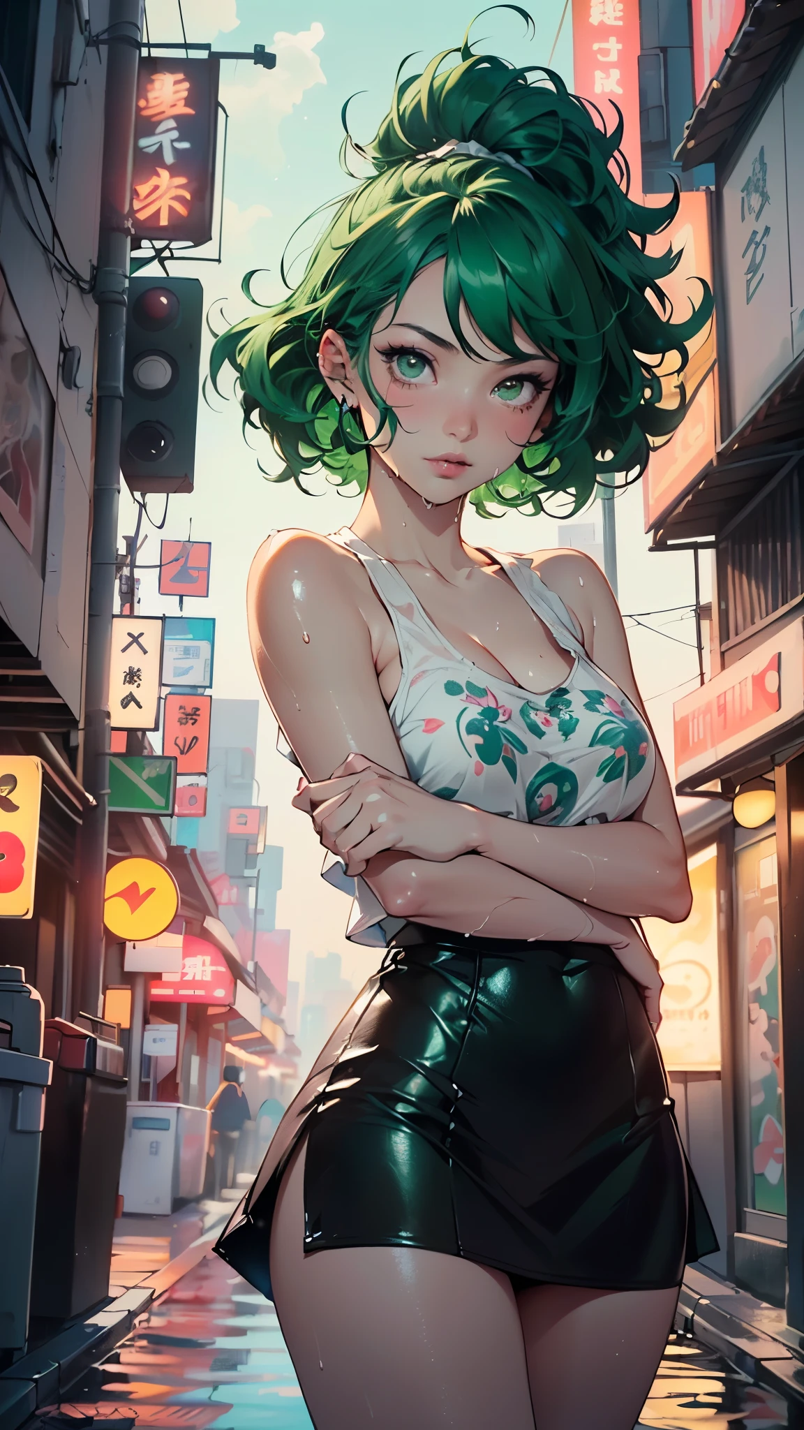 girl youtuber,(((1girl))),((extremely cute and beautiful green curly-haired girl)),

(short breasts:1.4),big butt,(((green curly hair:1.35,very curly hair,colored inner hair,ear breathing,short hair))),(((green_eyes:1.3))),intricate eyes,beautiful detailed eyes,symmetrical eyes,big eyes:1.3,((fat)),(((lustrous skin:1.5,bright skin: 1.5,skin tanned,shiny skin,very shiny skin,shiny body,plastic glitter skin,exaggerated shiny skin,illuminated skin,wet legs))),detailed body,(detailed face),

cute,slutty,seductive,erotic,(((nsfw))),

zettai ryouiki,revealing clothing,show skin,((rave mini-skirt,visible thong straps,white loose tank top with an anime art print)),((wet clothes,intricate outfit,intricate clothes)),

(dynamic pose:1.0),embarrassed,(centered,scale to fit dimensions,Rule of thirds),

cyberpunk city by the ocean at night, with bright neon signs and dark stormy clouds and puddles, scenery:1.25,

artistic photography,(photography taken by sldr),highres, sharp focus, (ultra detailed, extremely detailed), (photorealistic artwork:1.37),(extremely detailed CG unity 8k wallpaper),((synthwave background theme)),(((vibrant colors))),(intricate background),(masterpiece),(best quality),