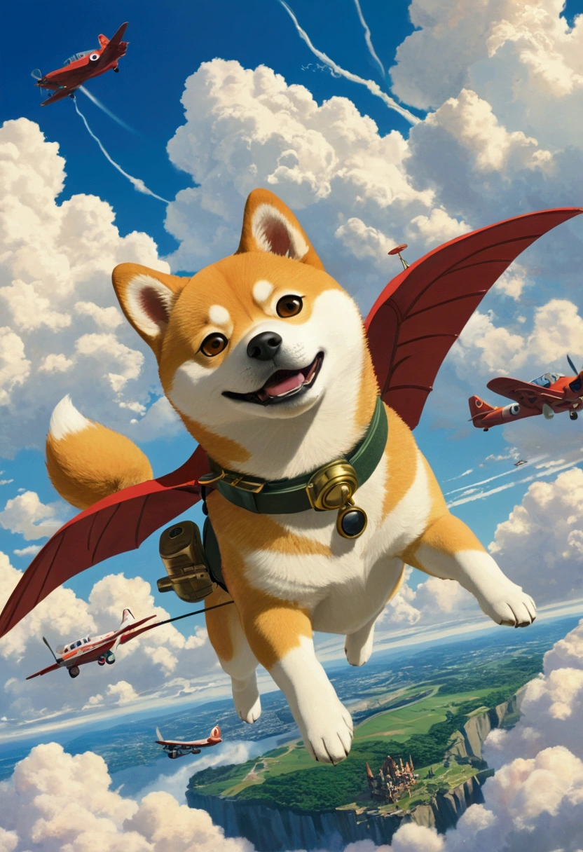 Ghibli　fly in the sky　Shiba Inu