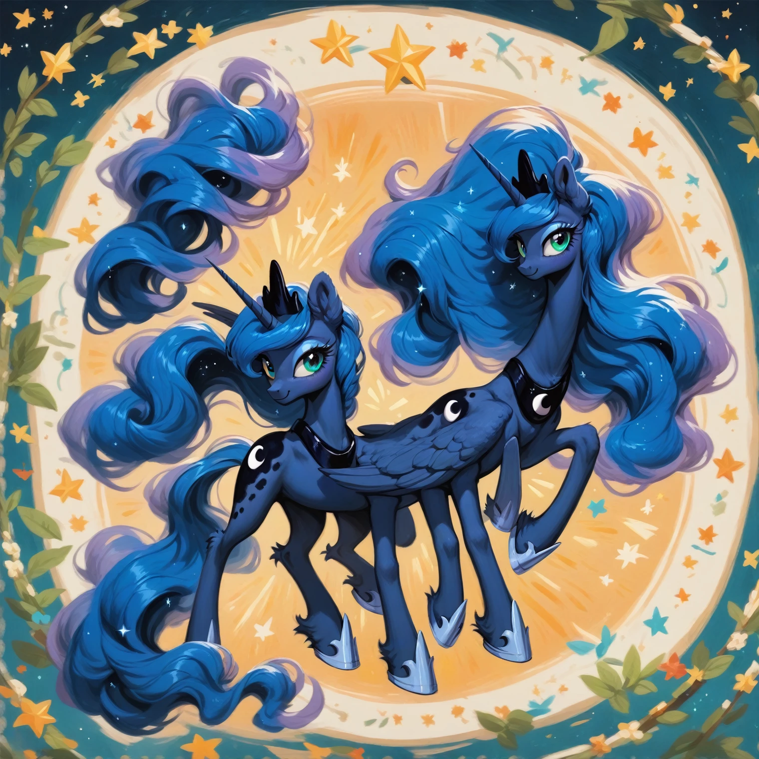 score_9, score_8_up, score_7_up, score_6_up, score_5_up, score_4_up, rating_safe, feral pony, princess luna, fluffy ears, smile, beautiful, pretty, eyeshadow, starry eyes, long mane