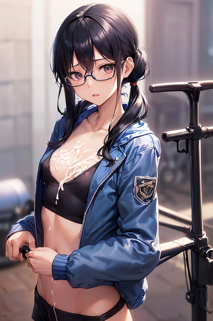 masterpiece, best quality,anime style, 1 girl,(((slender body))), (((small eyes,small breast,breast milk,breastfeeding a baby))),(((Jacket, Open your clothes, Open jacket, Blue jacket, ground vehicle, Sports Bra, bicycle,buruma,glasses))),((((cum)))), (beautiful face), (((short twintail))), (((straight hair))), ((((black hair)))),detailed beautiful skin, (perfect hands, perfect anatomy)