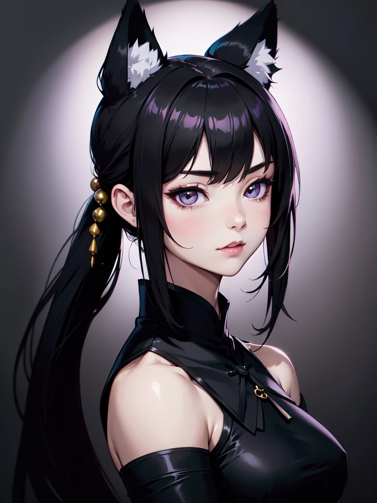 (((Portrait Photo))), She has a Strong, Youthful 18-Year-Old Appearance, with a Muscular Build, a Slender Figure, and a Graceful Demeanor. She has Long Black Hair, Styled in a Twin Odango-Shaped Buns with Pigntails, that Resemble Wolf Ears. Her Dark Gray Eyes Sparkle with Elegance, Giving Off a Calm and Self-Confident Attitude. She Wears a Black Traditional Cheongsam with Bare Shoulders and Loose Sleeves. (((High Quality, Dark Background))), (((Portrait Photo)))