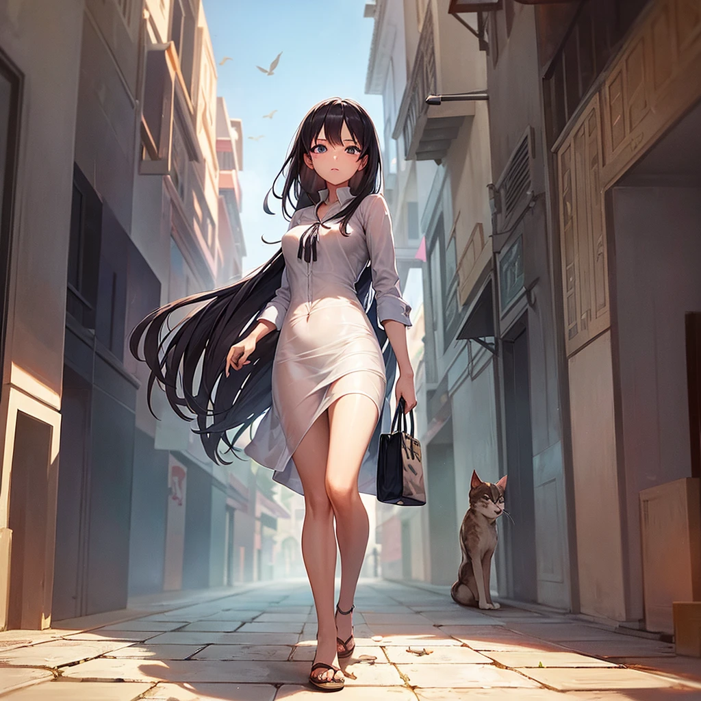 Describe how a girl walks beautifully with an umbrella in the acient city of Bagan from Burma. Also, the scene must include other people, policemen, street dogs, cats, and some birds.