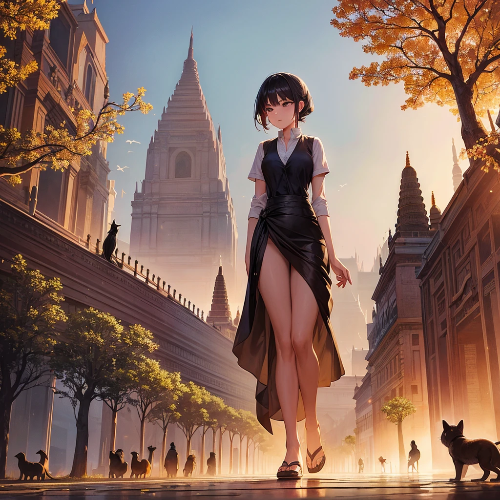 Describe how a girl walks beautifully with an umbrella in the acient city of Bagan from Burma. Also, the scene must include other people, policemen, street dogs, cats, and some birds.