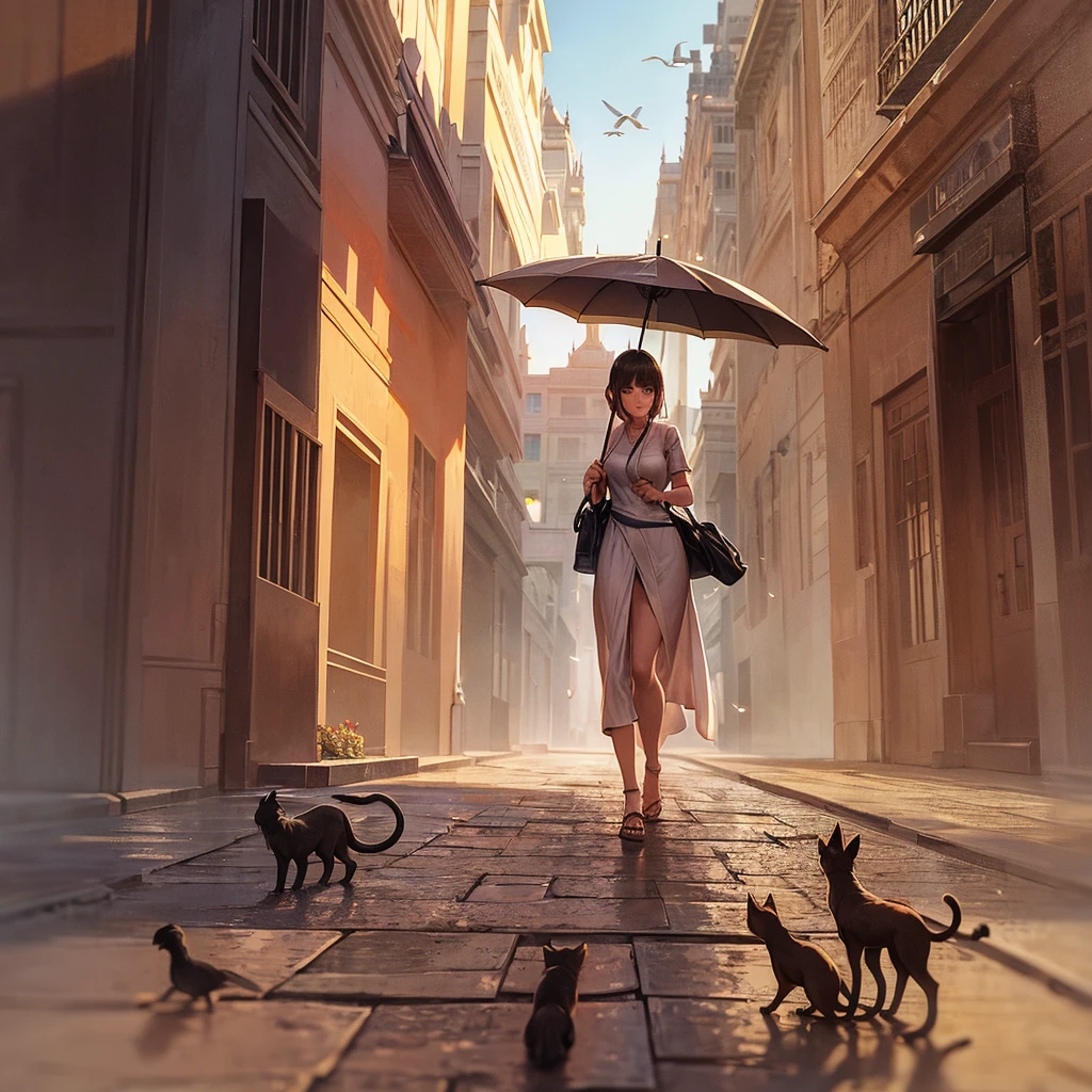Describe how a girl walks beautifully with an umbrella in the acient city of Bagan from Burma. Also, the scene must include other people, policemen, street dogs, cats, and some birds.