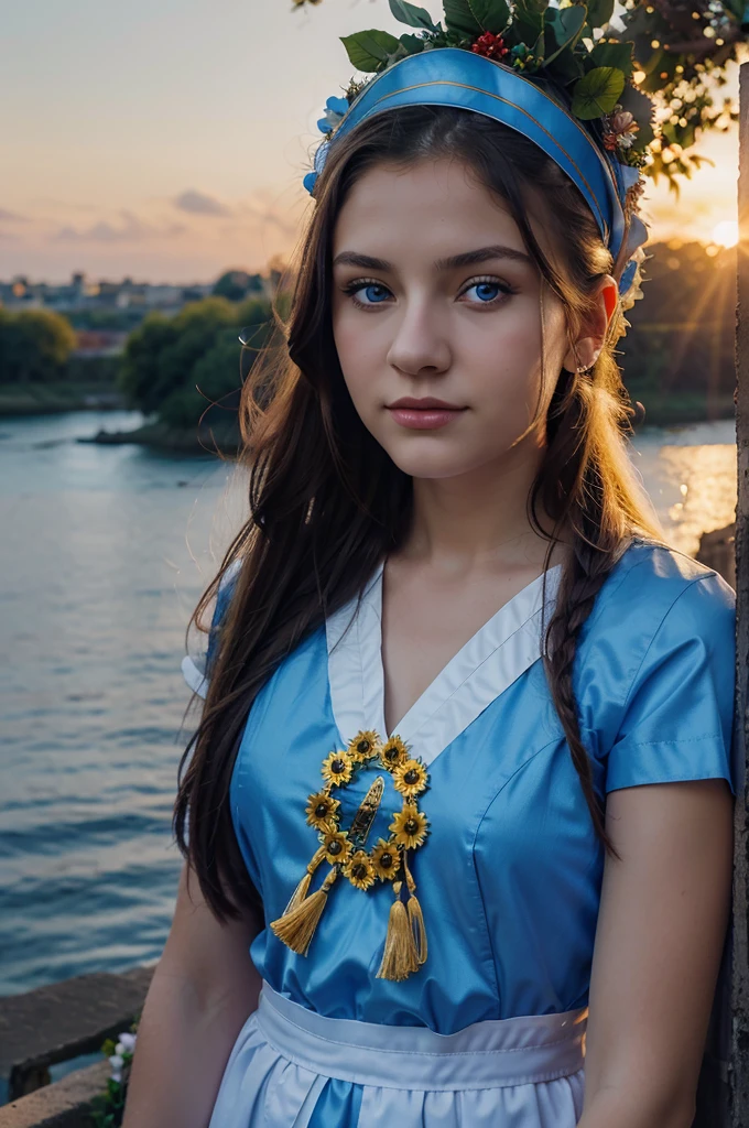 20 year old woman in Ukrainian costume Corolla wreath wearing wreath on head Blue eyes River and blue sky in background Afternoon light sunset realistic illustration