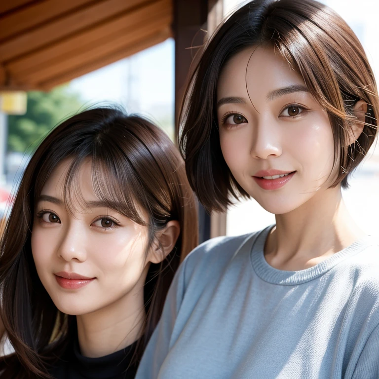 Japanese 40-year-old women,Smooth, shiny and bouncy hair,short hair,Hair color is brown,The person is slightly to the left,A close-up of the face above the neck,The background is the street outside,Face is front,smile