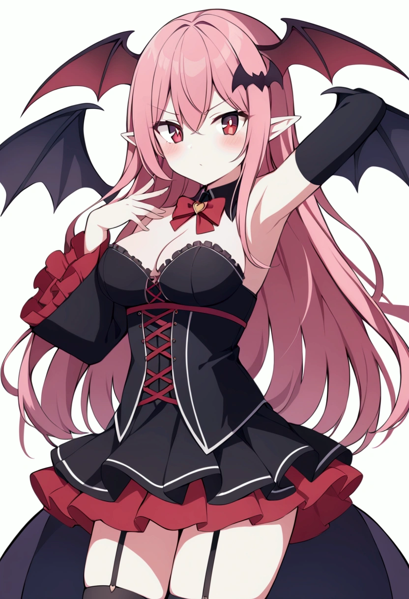 slender, mature female, 1girl, garter_straps, pointy_ears, rating:safe, head_wings, detached_sleeves, solo, wings, thighhighs, long_hair, koakuma, breasts, red_eyes, bare_shoulders, dress, looking_at_viewer, red_hair, long_sleeves, black_legwear, demon_wings, medium_breasts, underbust, cowboy_shot, very_long_hair, holding, bangs, sidelocks, armpits, black_skirt, frills, standing, black_dress, arm_up, cleavage, closed_mouth, hair_ornament, blush, eyebrows_visible_through_hair, bow, skirt, bowtie, bat_wings, corset, wide_sleeves, zettai_ryouiki, hair_between_eyes, hand_up, frilled_sleeves, layered_skirt, frilled_dress, sleeveless, thighs, pink_hair, black_wings, v-shaped_eyebrows, black_ribbon, red_neckwear, heart, symbol-shaped_pupils, cross-laced_clothes, weapon