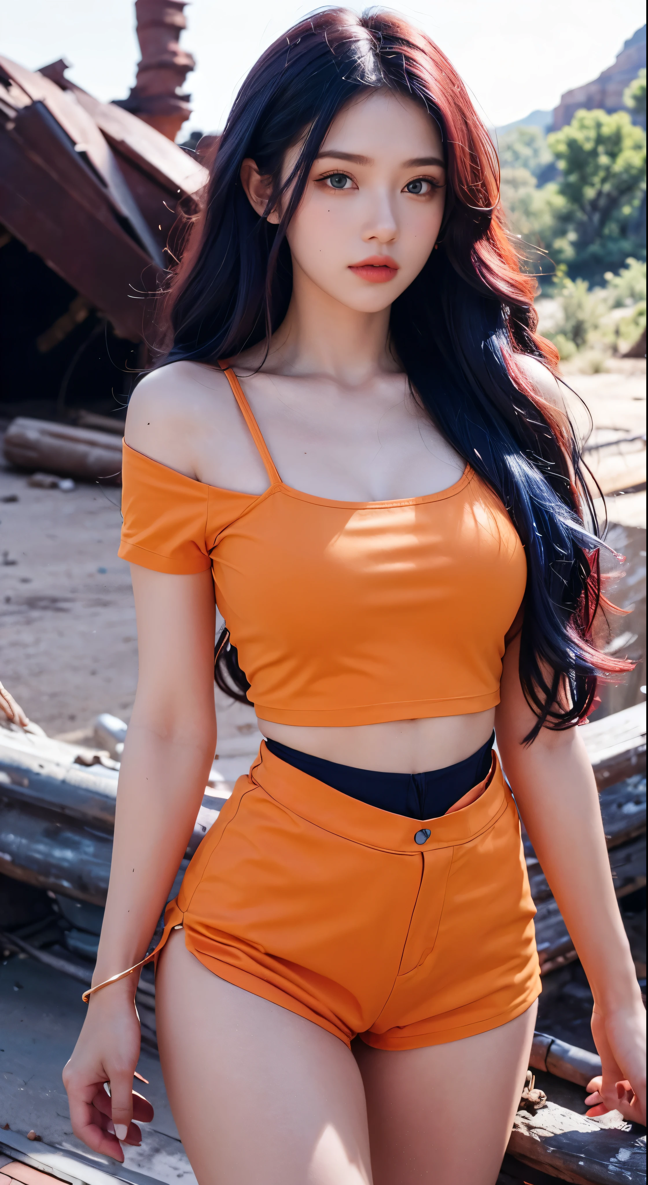 Bright shot:1.3)、Epic Realism、Yellow Eyes、Girl Raider、(One Girl)、Red T-shirt Top、wavy hair 1.4、(Navy Blue Hair)、Long Hair、Navy blue and orange color scheme、Badlands and canyons aesthetic!!ruins、Soft cinematic lights、Adobe Lightroom、darkroom、HDR、complexity、Green bracelet on arm、Red sling strap on fabric waist、Thongs under shorts