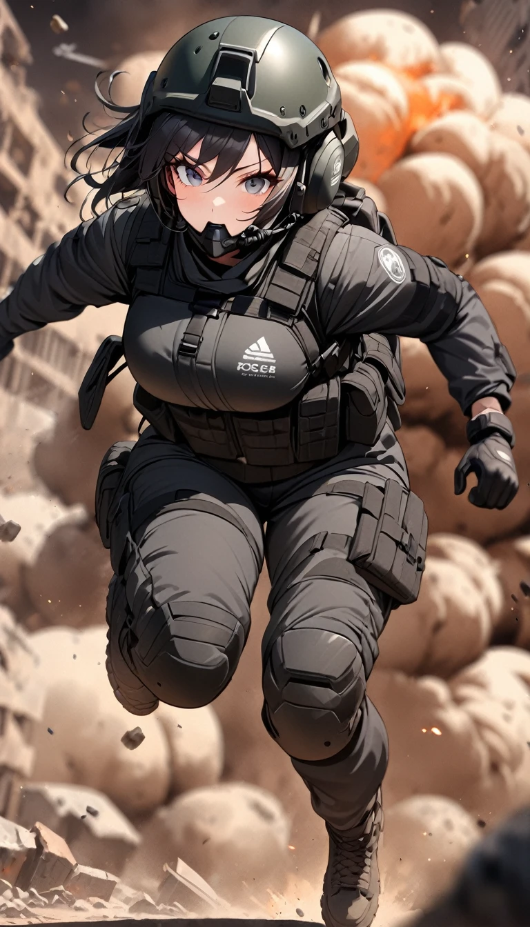 (masterpiece),(Highest quality),(High resolution),(Very detailed),One Woman,Japanese,Black Hair,Short Bob,Beautiful Eyes,Long eyelashes,Beautiful Hair,Beautiful Skin,strict,whole body,break(((Huge explosion behind woman))),narrowly escape the explosion,(Dynamic Movement),((Small machine gun)),SWAT Uniforms,Black bulletproof vest, Combat Boots,Black Tactical Forster,Tactical Headset,Tactical Helmet,(The background is the rubble of ruins),(((Background Blur)))