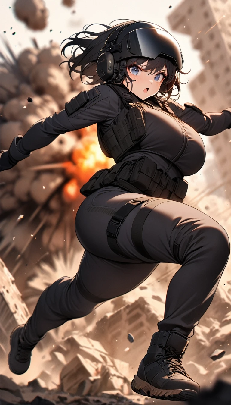 (masterpiece),(Highest quality),(High resolution),(Very detailed),One Woman,Japanese,Black Hair,Short Bob,Beautiful Eyes,Long eyelashes,Beautiful Hair,Beautiful Skin,strict,whole body,break(((Huge explosion behind woman))),narrowly escape the explosion,(Dynamic Movement),((Small machine gun)),SWAT Uniforms,Black bulletproof vest, Combat Boots,Black Tactical Forster,Tactical Headset,Tactical Helmet,(The background is the rubble of ruins),(((Background Blur)))