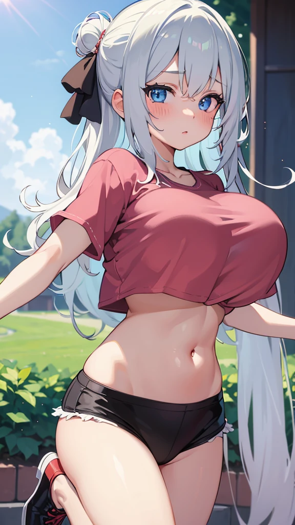 masterpiece, best quality, long hair, silver hair, outdoors, crop top, underboob, sweat, suspenders, miniskirt, green eyes,