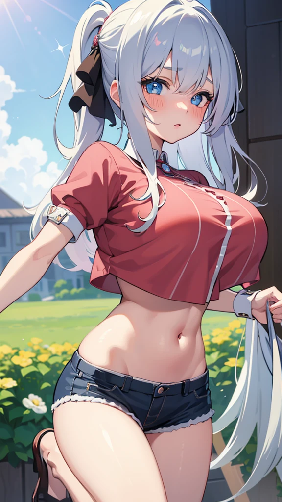 Masterpiece, best quality, ultra detailed,Girl, anime, cowboy shot,,Huge breasts,Bare skin, long hair, gradient hair, sparkling eyes, heterochromia, blushing,night,
