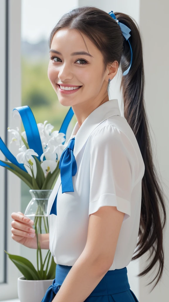 masterpiece, Highest quality, High resolution, Very detailed, Detailed Background,(Fraurem Chrome, (Black Hair, Semi-long hair, Blue ribbon in ponytail),(White blouse, Blue short ribbon tie, Blue long skirt), small, Neat, Iris,study, A kind smile), Scale out, Chic study, vase