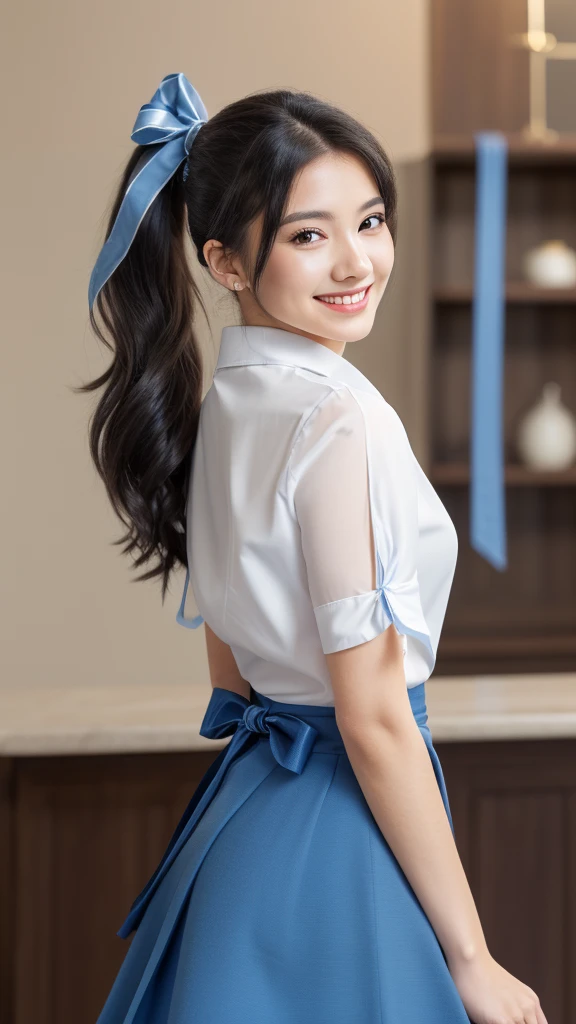 masterpiece, Highest quality, High resolution, Very detailed, Detailed Background,(Fraurem Chrome, (Black Hair, Semi-long hair, Blue ribbon in ponytail),(White blouse, Blue short ribbon tie, Blue long skirt), small, Neat, Iris,study, A kind smile), Scale out, Chic study, vase